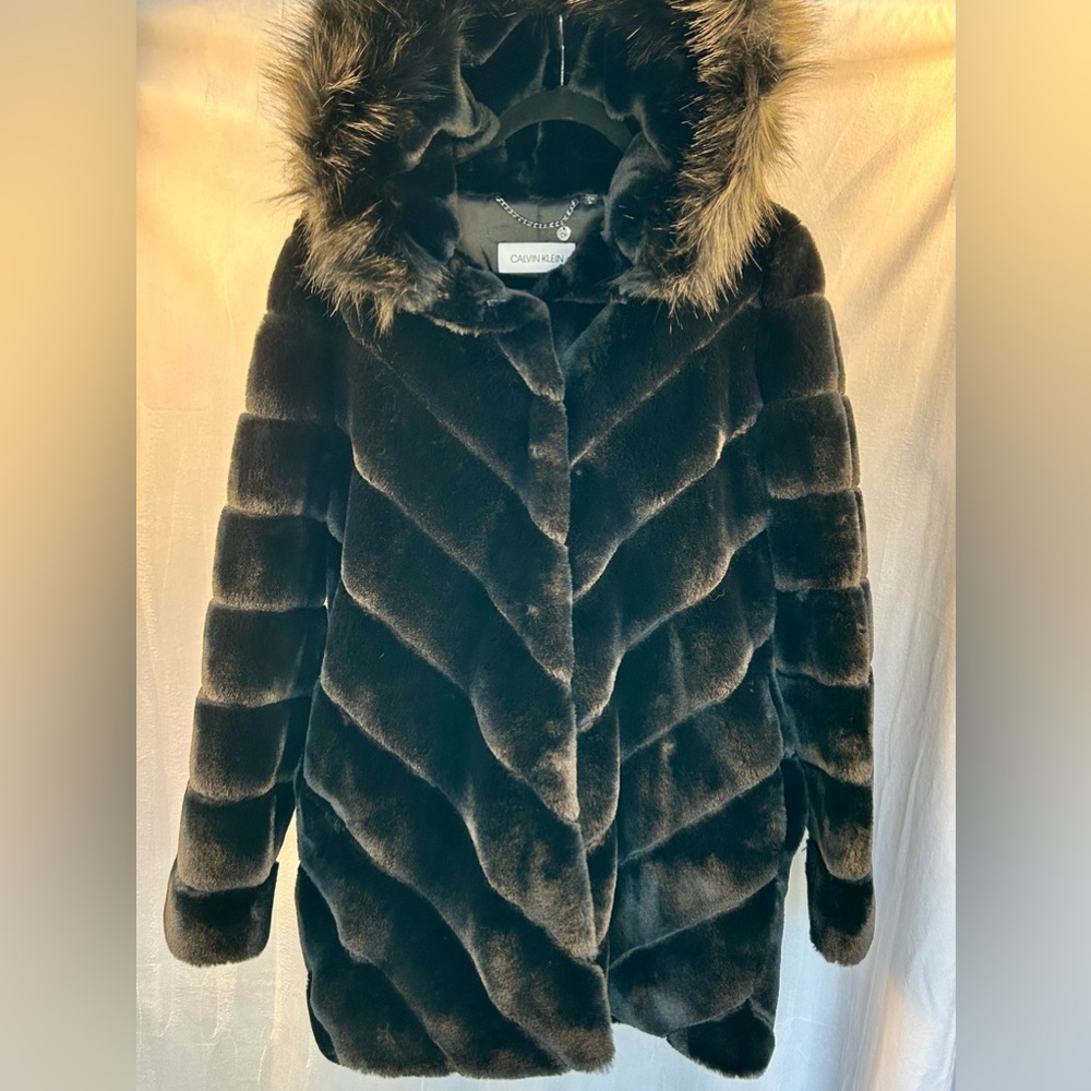 Calvin Klein Faux Fur Black Hooded Jacket - Size Small